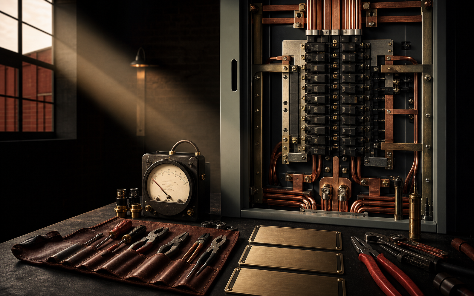 Original concept artwork of a precision electrical panel and master electrician tools